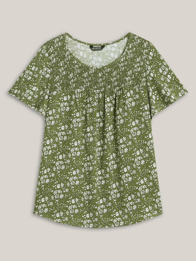 Floral Print Shirred Neck T-Shirt