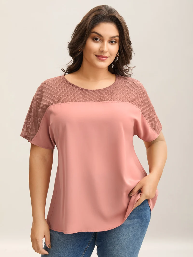 Textured Sheer Spliced Half Sleeve Blouse