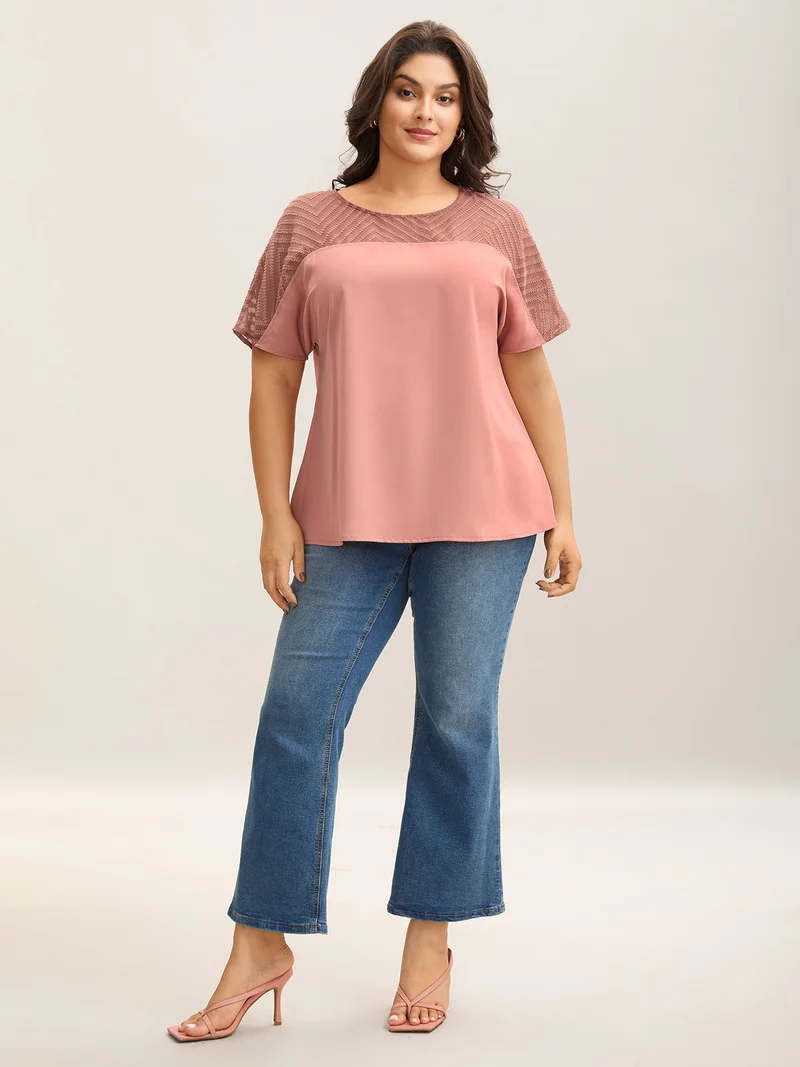 Textured Sheer Spliced Half Sleeve Blouse