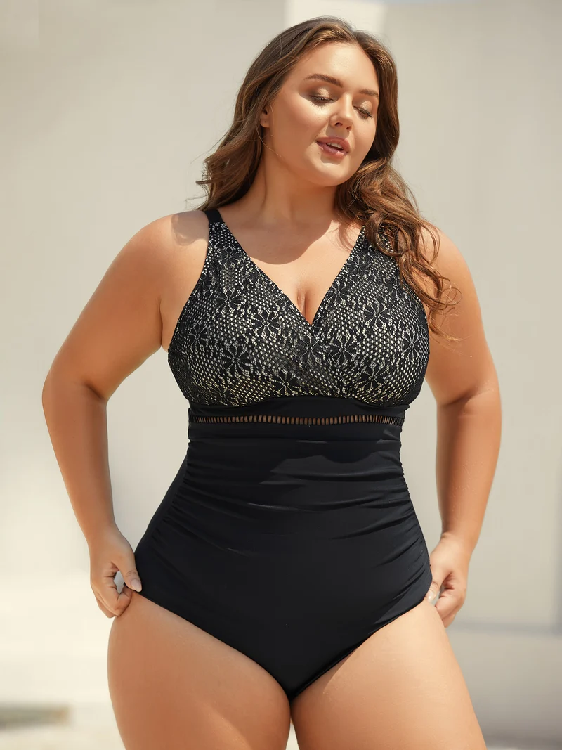 Ribbon Lace Trim One-Piece Swimsuit