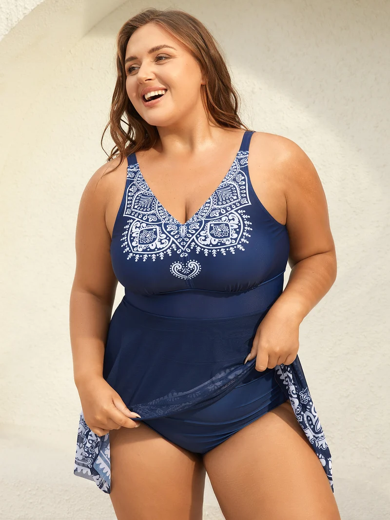 Boho Print Mesh V-Neck Swim Dress