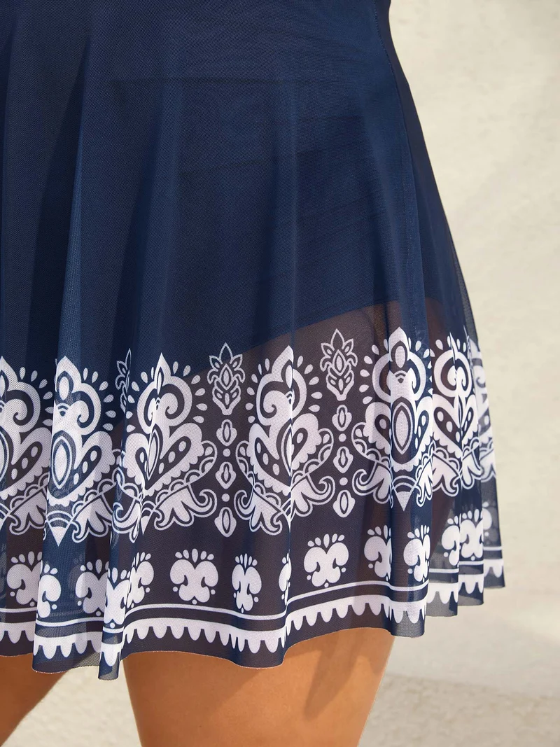 Boho Print Mesh V-Neck Swim Dress