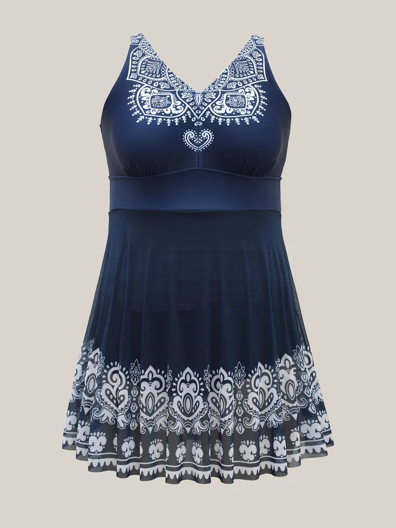 Boho Print Mesh V-Neck Swim Dress