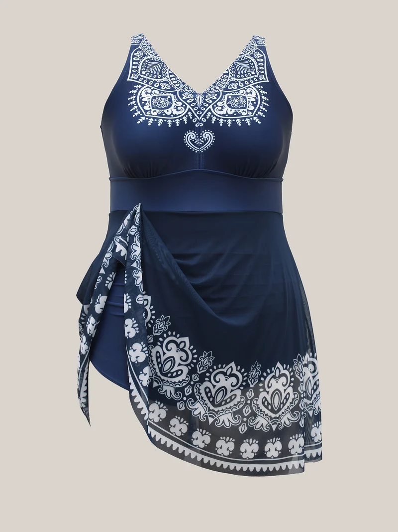 Boho Print Mesh V-Neck Swim Dress