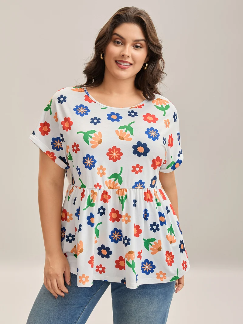 Multi-Color Floral Print Babydoll Top