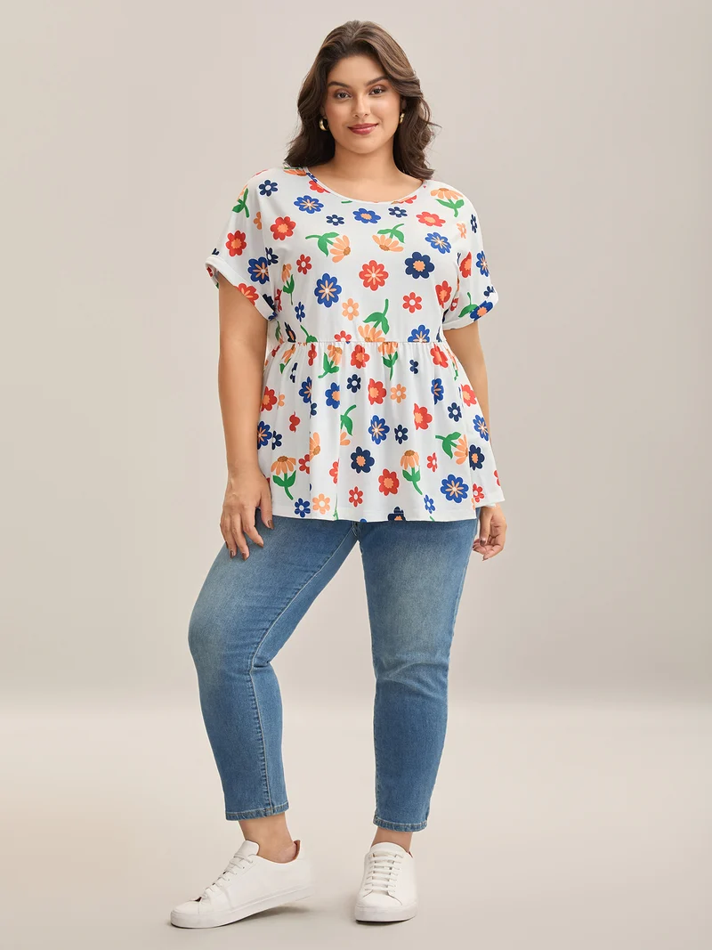 Multi-Color Floral Print Babydoll Top