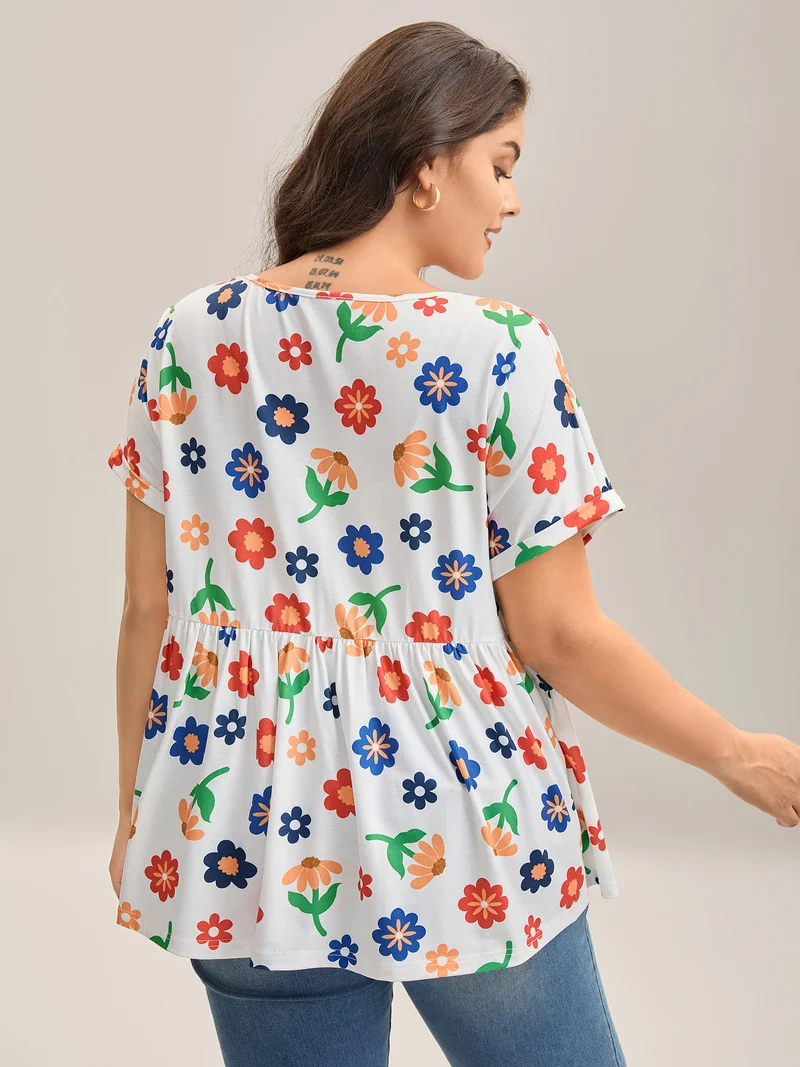 Multi-Color Floral Print Babydoll Top