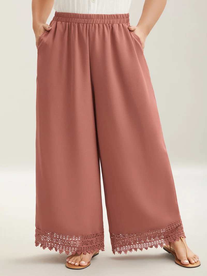 Lace Hem Wide-Leg Pocket Pants