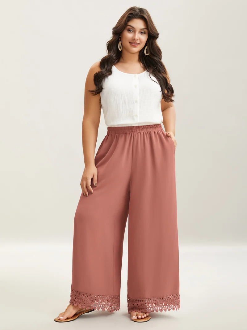 Lace Hem Wide-Leg Pocket Pants