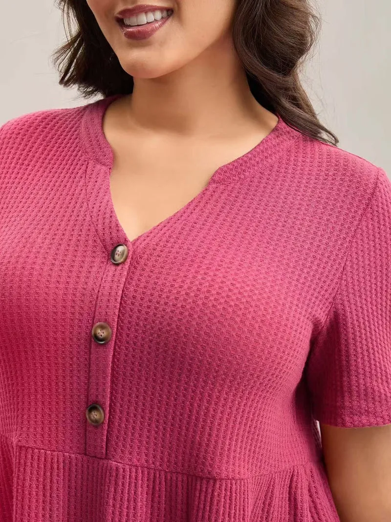 Textured Notched Neck Button Plain T-Shirt