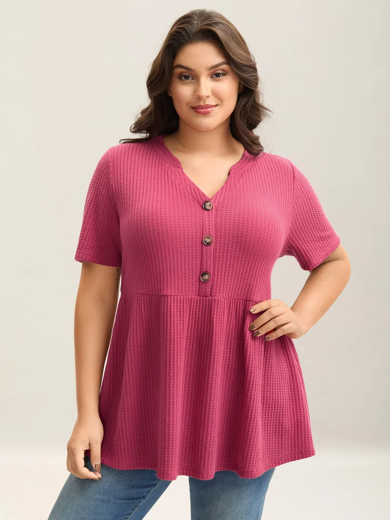 Textured Notched Neck Button Plain T-Shirt