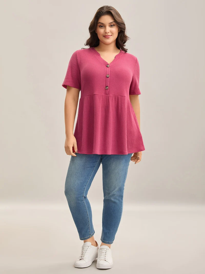 Textured Notched Neck Button Plain T-Shirt