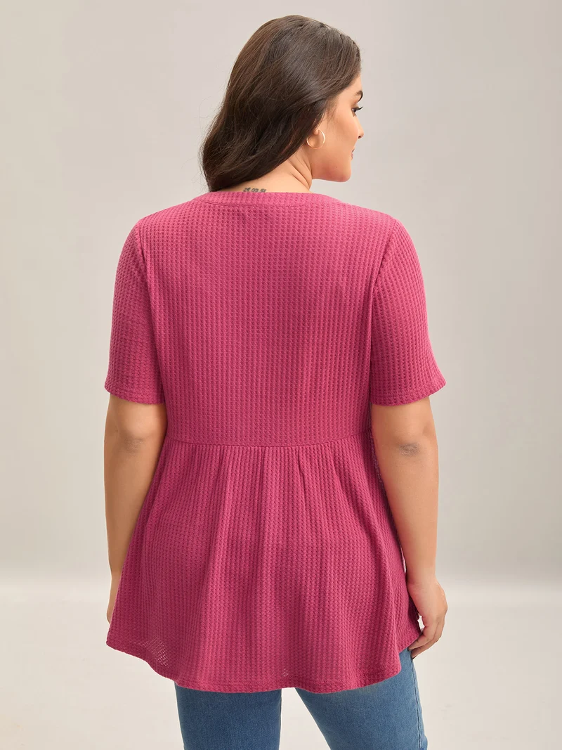 Textured Notched Neck Button Plain T-Shirt