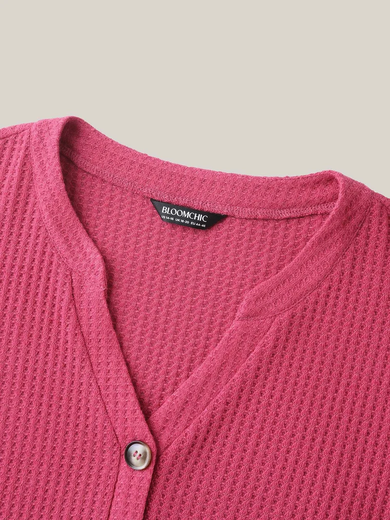 Textured Notched Neck Button Plain T-Shirt