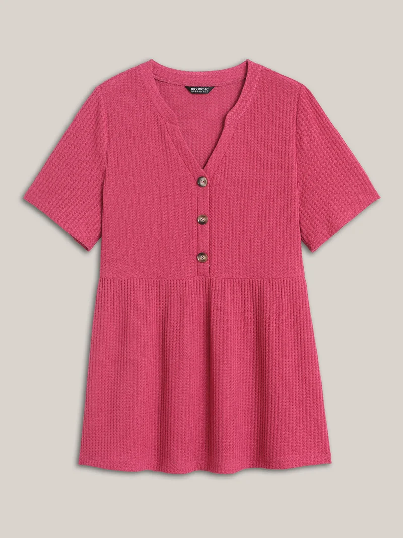 Textured Notched Neck Button Plain T-Shirt