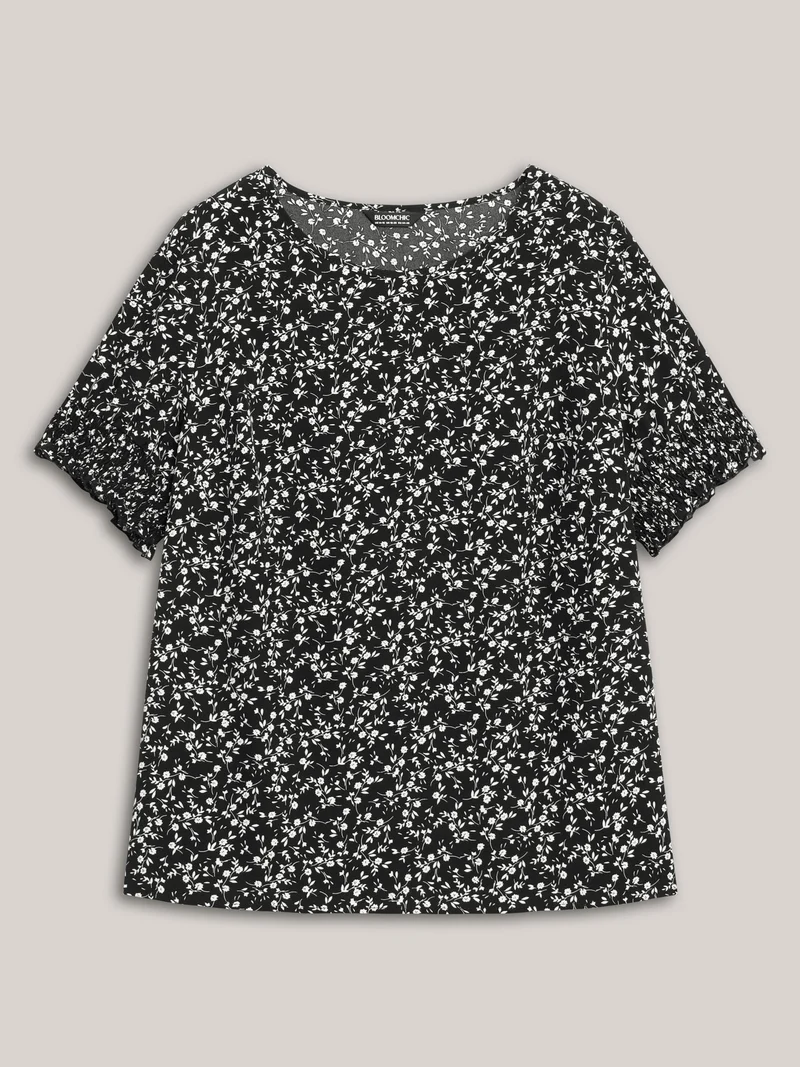 Ditsy Floral Print Curvy Hem Blouse