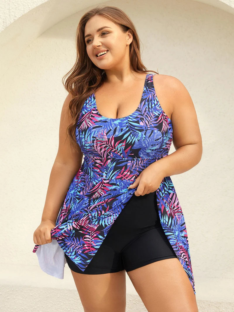 Tropical Floral Print Split Swim Dress