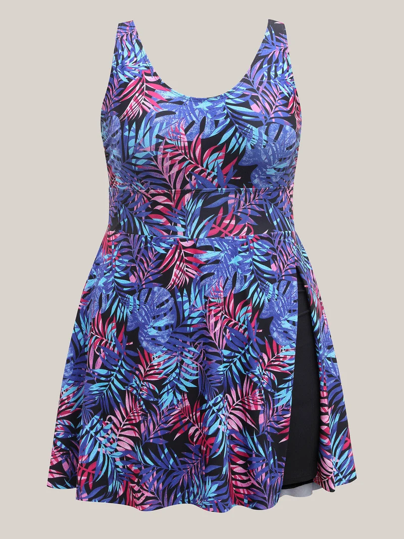 Tropical Floral Print Split Swim Dress