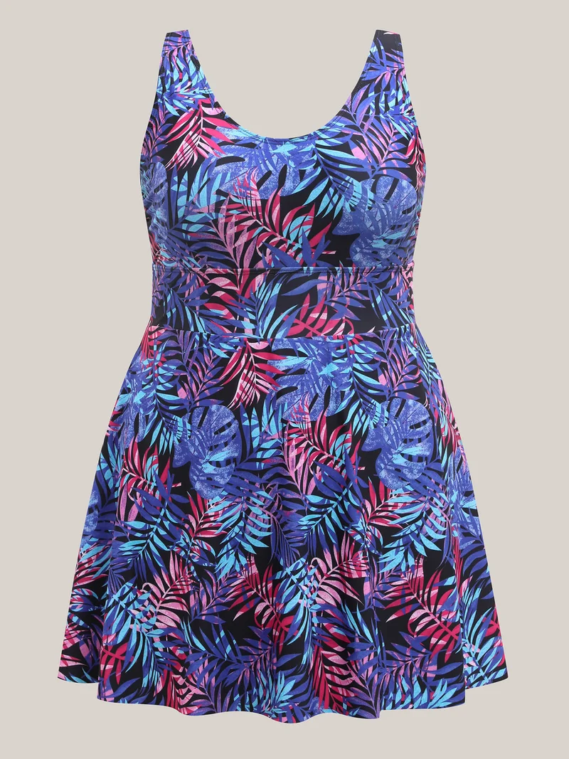 Tropical Floral Print Split Swim Dress