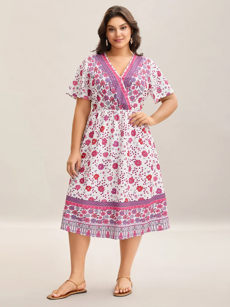 Spring Floral Printed Surplice Neck Midi Dress