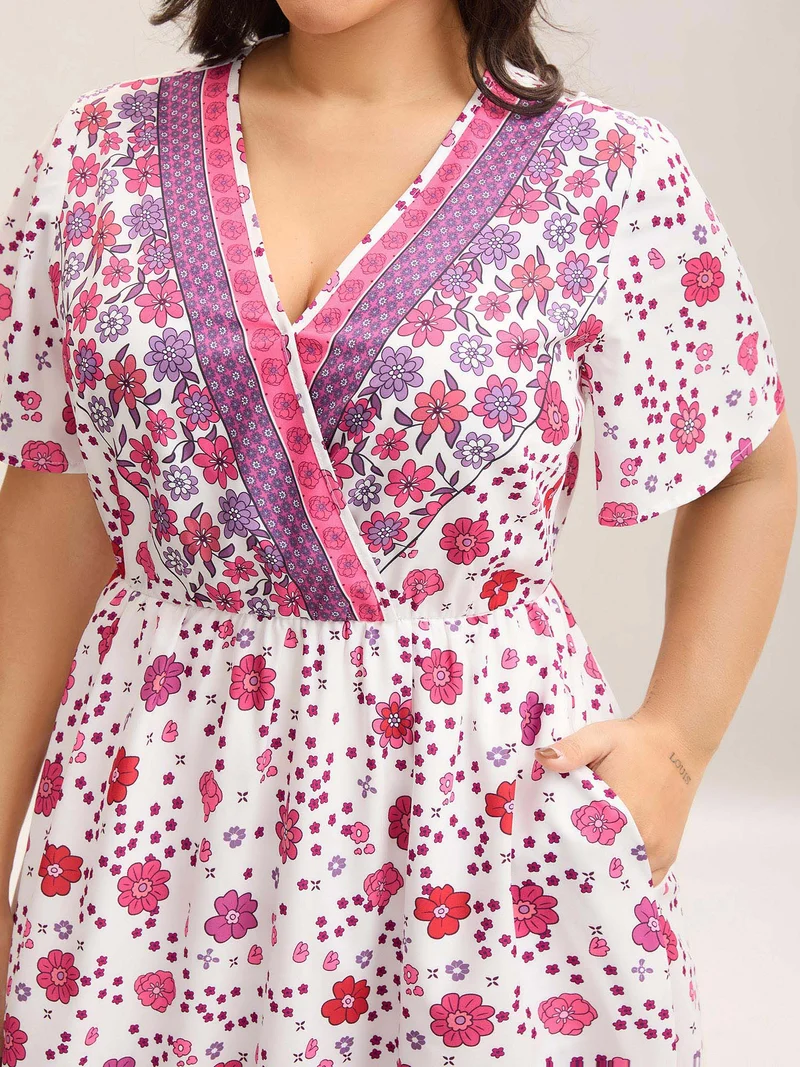 Spring Floral Printed Surplice Neck Midi Dress