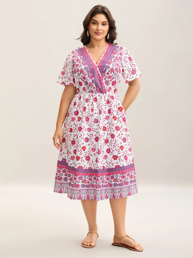 Spring Floral Printed Surplice Neck Midi Dress