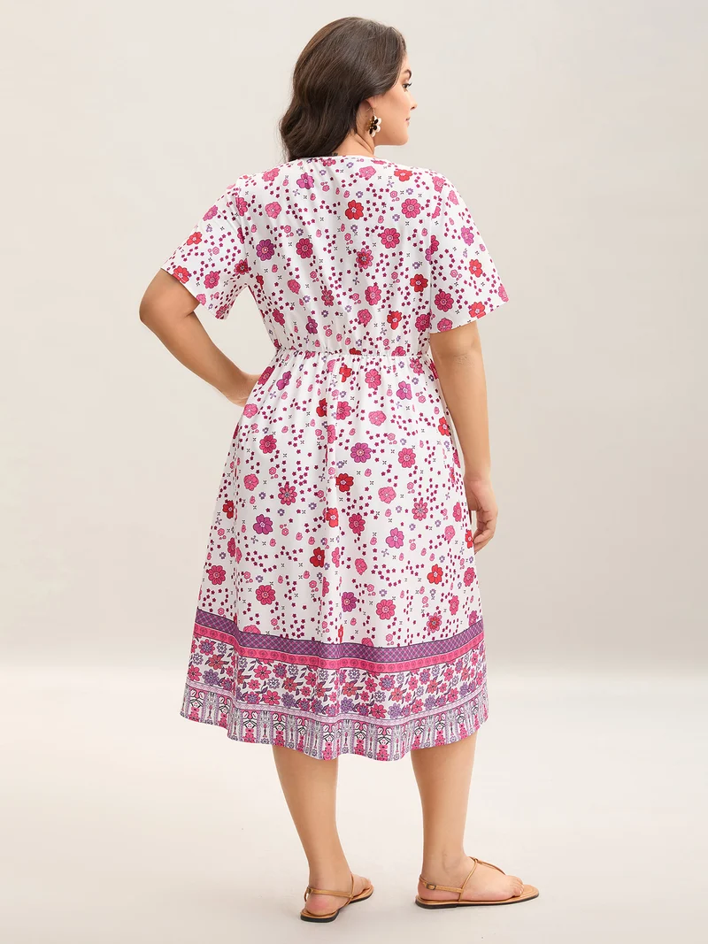 Spring Floral Printed Surplice Neck Midi Dress