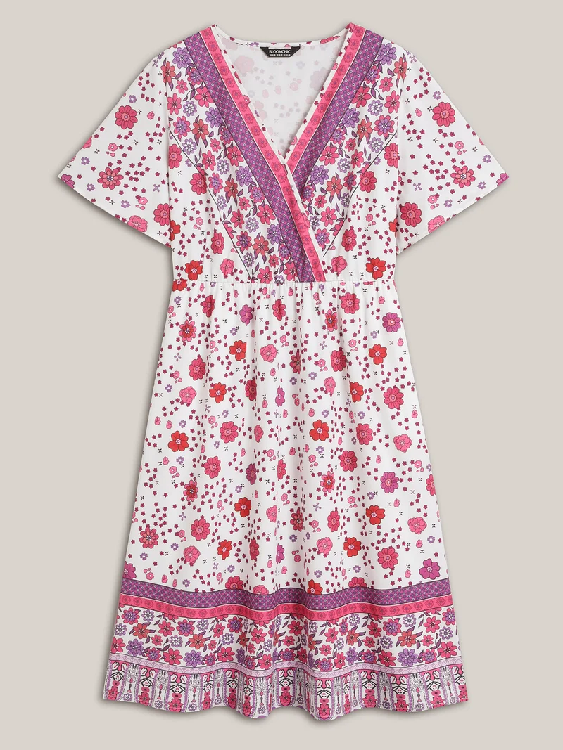Spring Floral Printed Surplice Neck Midi Dress