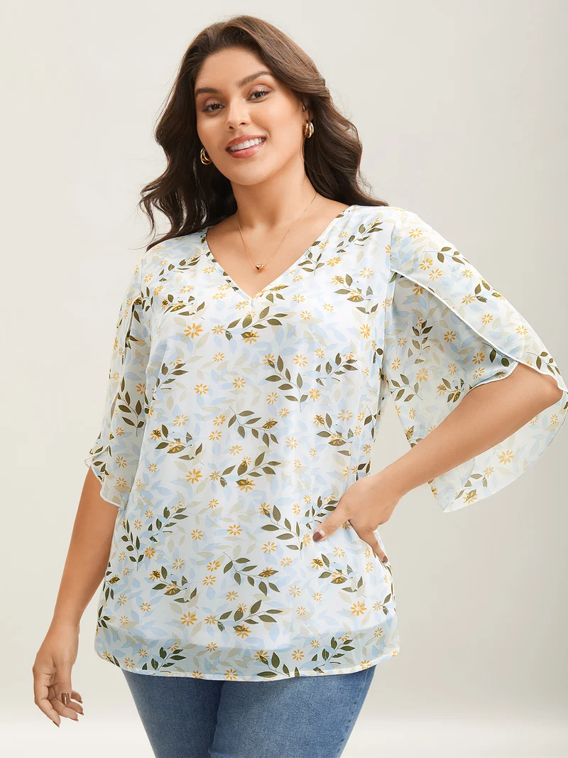 Leafy Floral Print Petal Sleeve Blouse