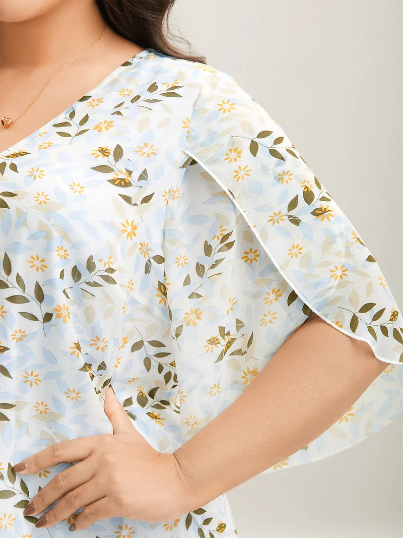 Leafy Floral Print Petal Sleeve Blouse