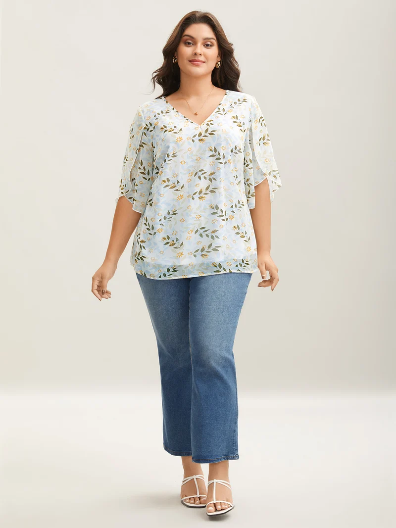 Leafy Floral Print Petal Sleeve Blouse