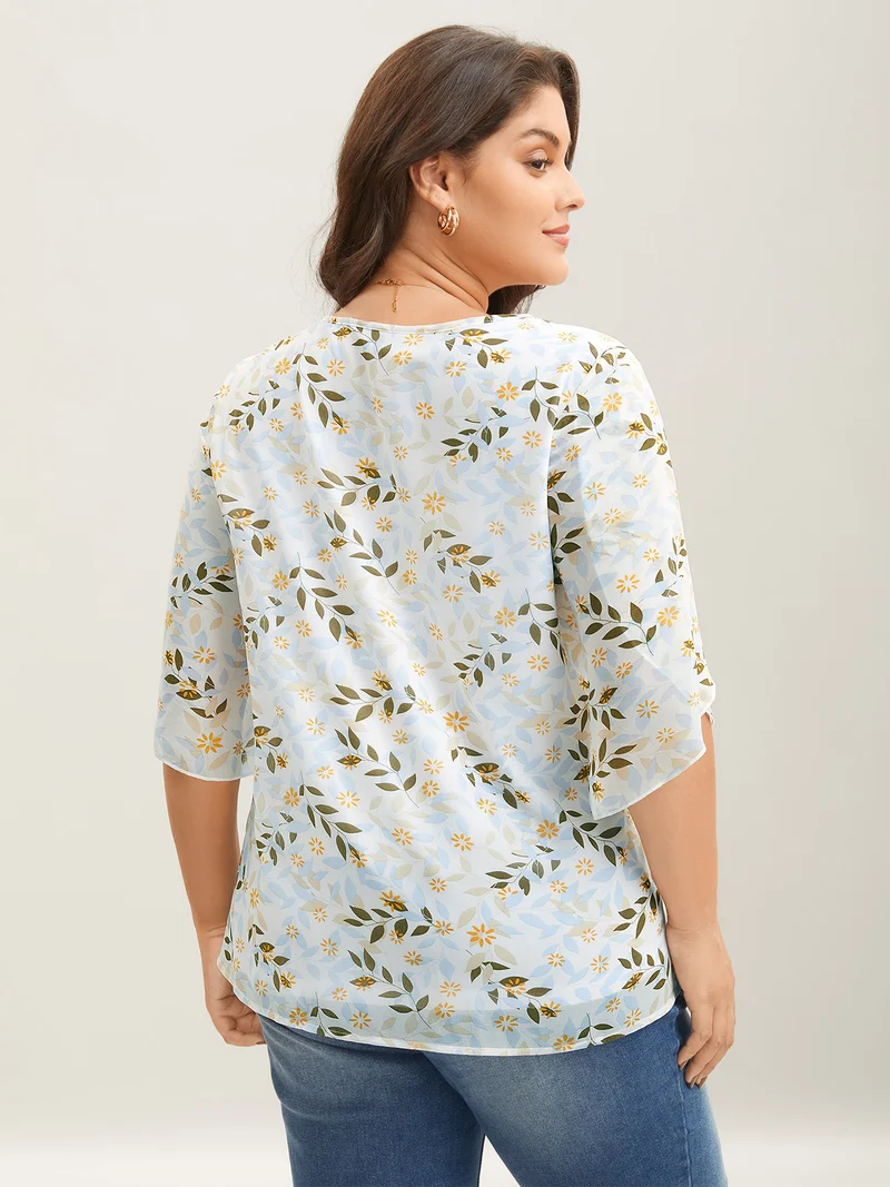 Leafy Floral Print Petal Sleeve Blouse