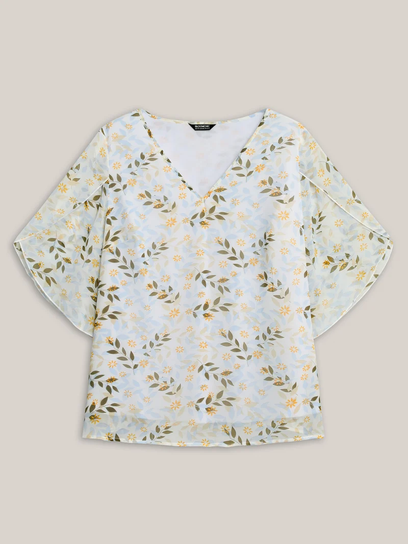 Leafy Floral Print Petal Sleeve Blouse