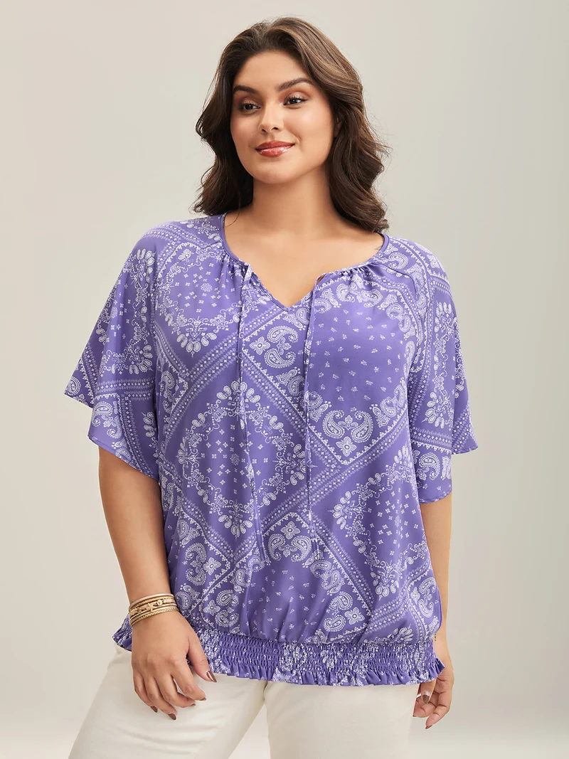 Cube Floral Pattern Shirred Hem Blouse