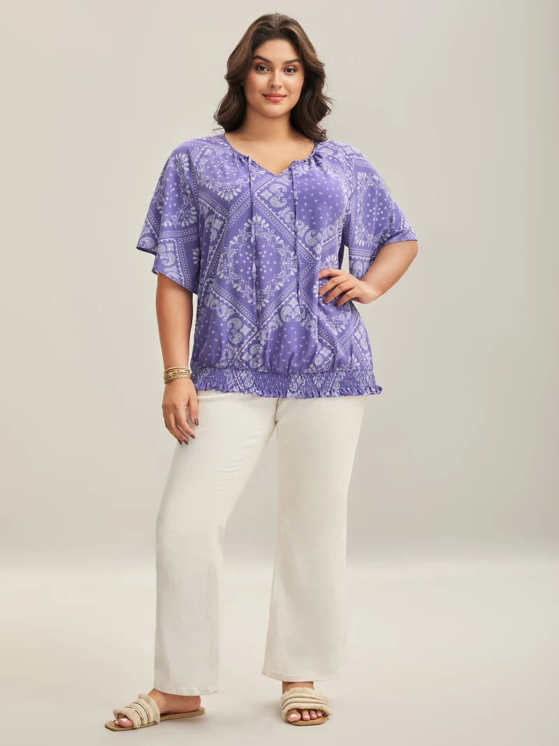 Cube Floral Pattern Shirred Hem Blouse
