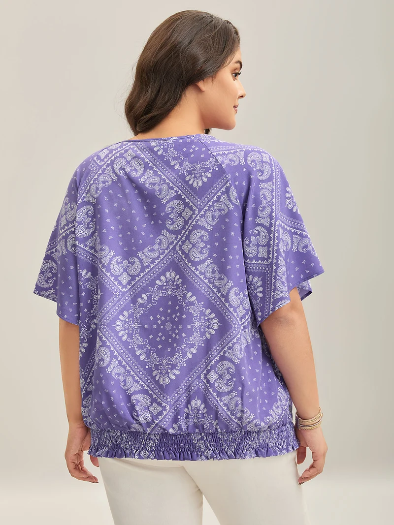 Cube Floral Pattern Shirred Hem Blouse