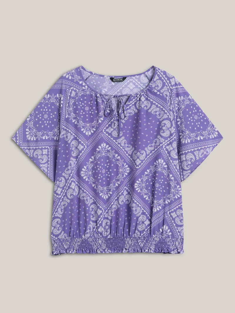 Cube Floral Pattern Shirred Hem Blouse