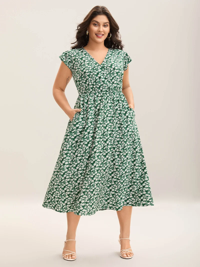 Breezy Floral Print Flutter Sleeve Midi Dress