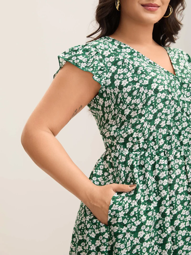 Breezy Floral Print Flutter Sleeve Midi Dress