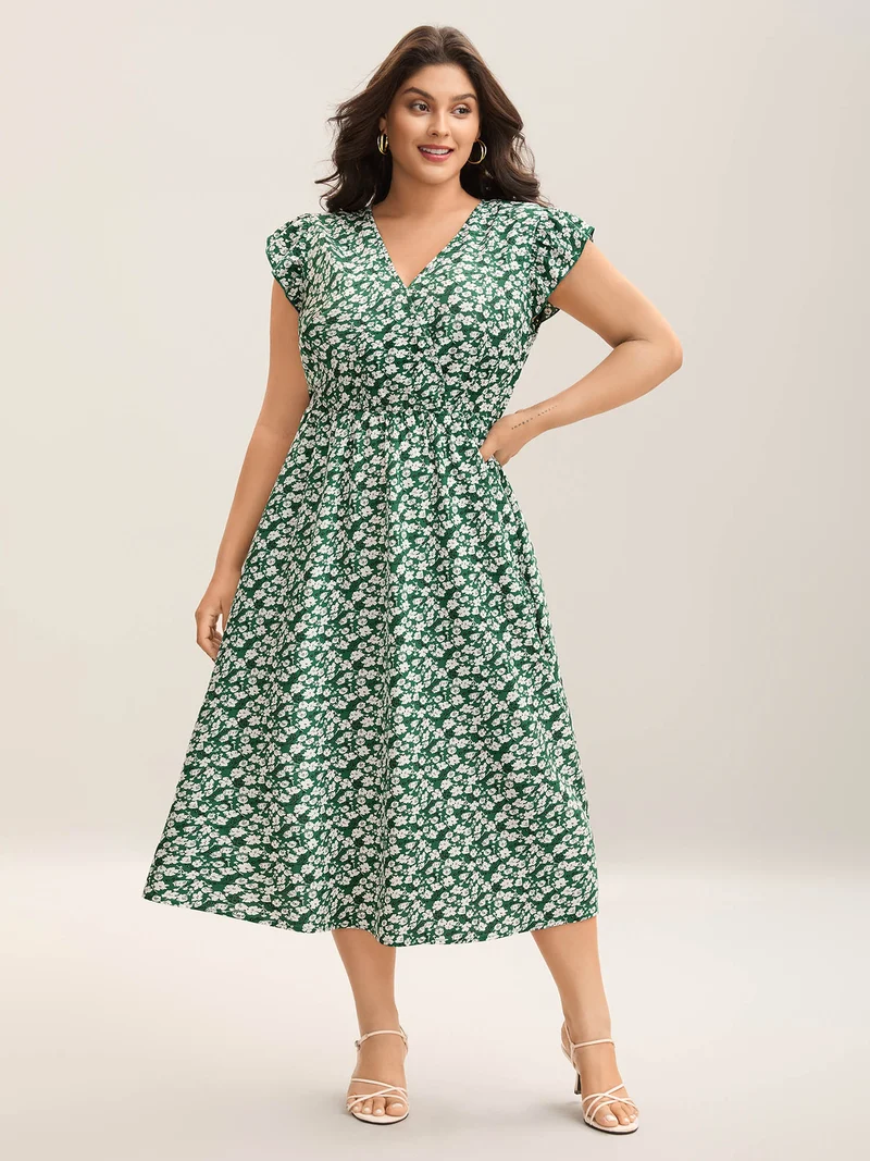 Breezy Floral Print Flutter Sleeve Midi Dress