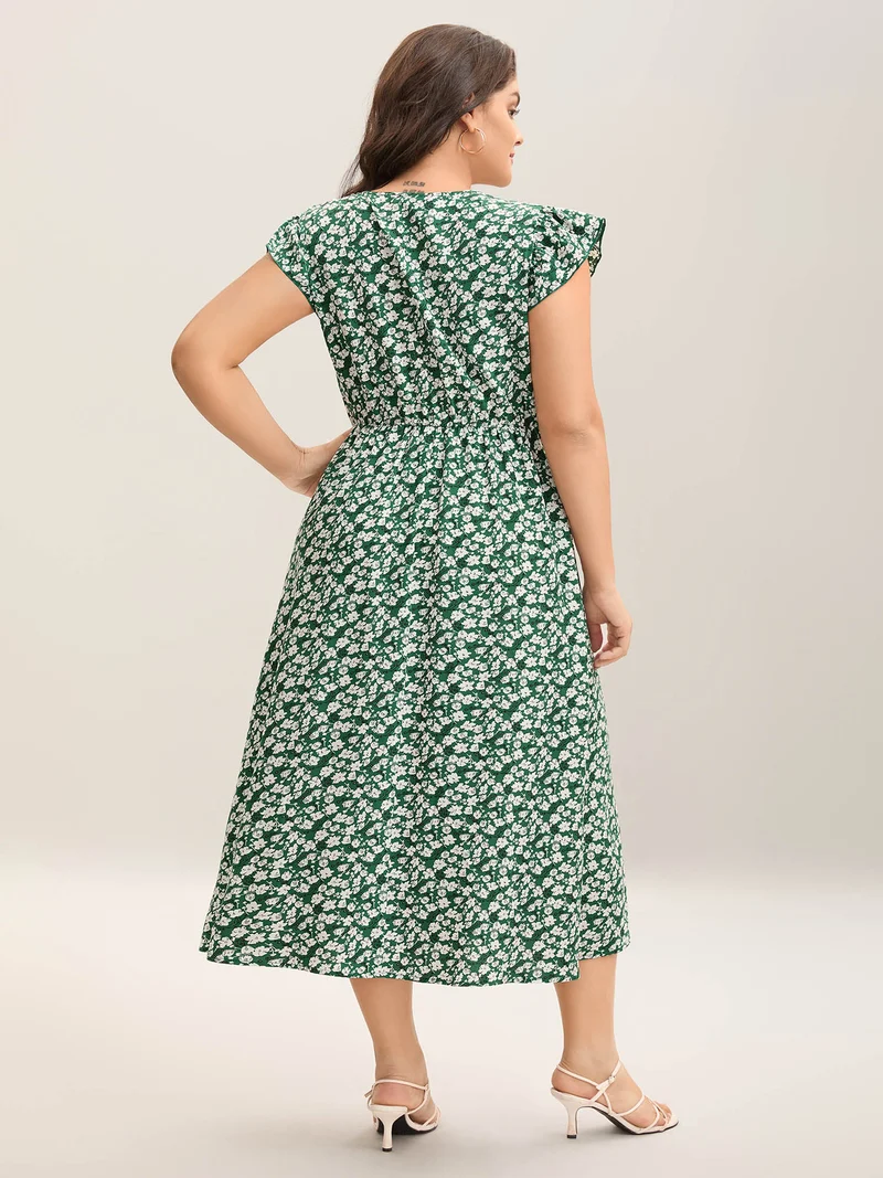 Breezy Floral Print Flutter Sleeve Midi Dress