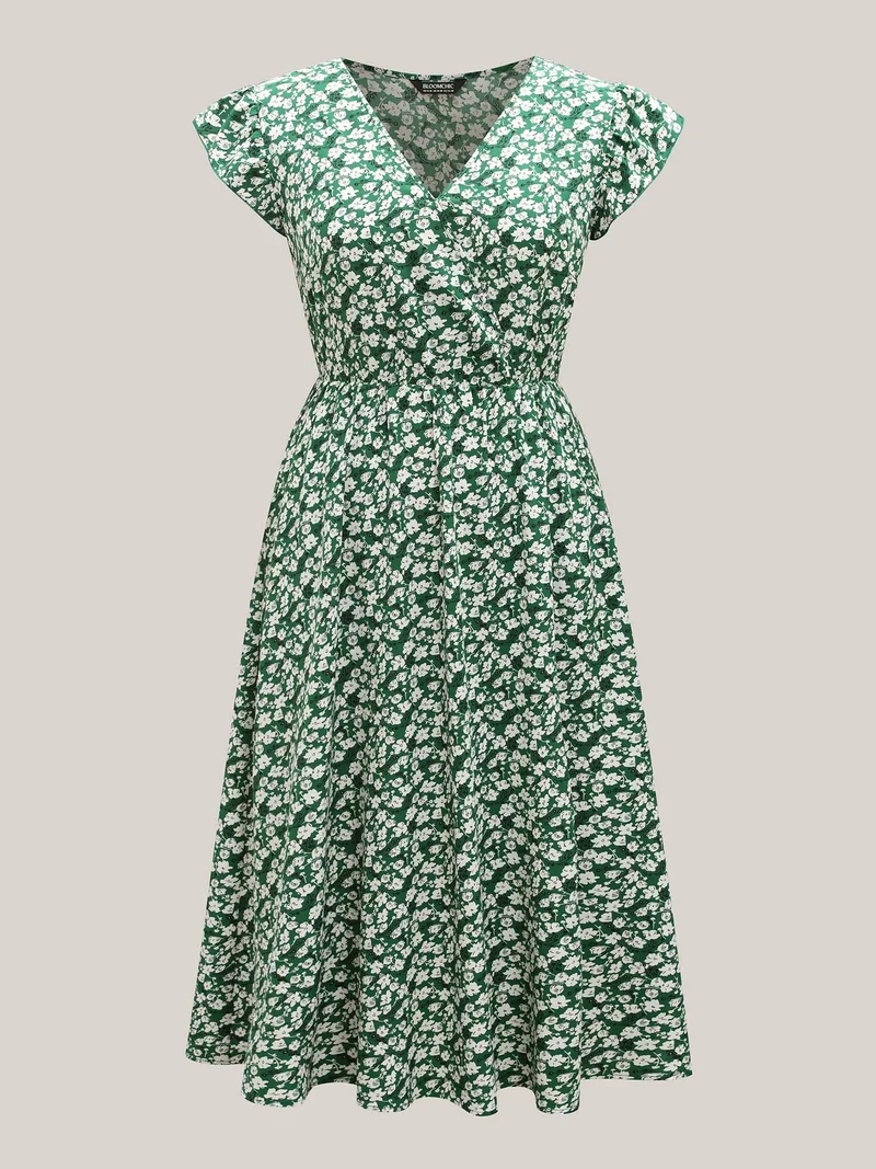 Breezy Floral Print Flutter Sleeve Midi Dress