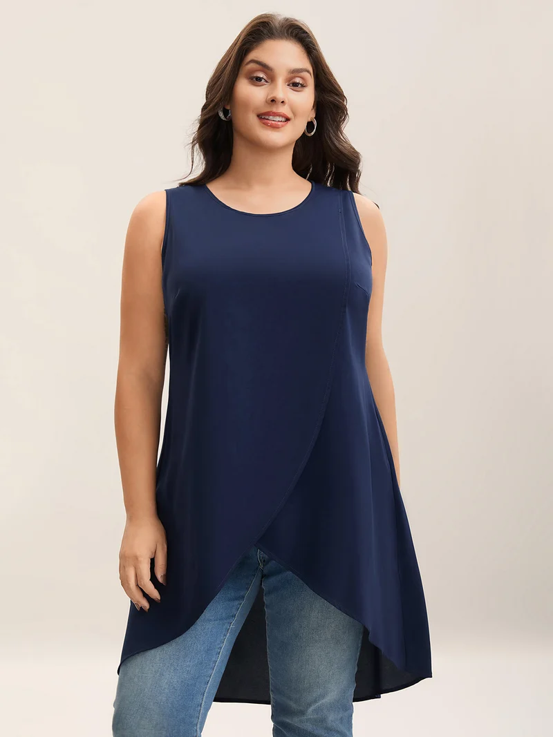 Overlap Hem Round Neck Long Tank Top