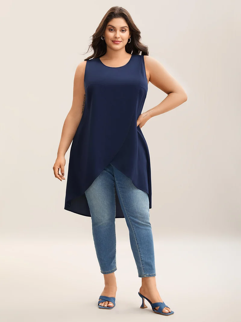 Overlap Hem Round Neck Long Tank Top
