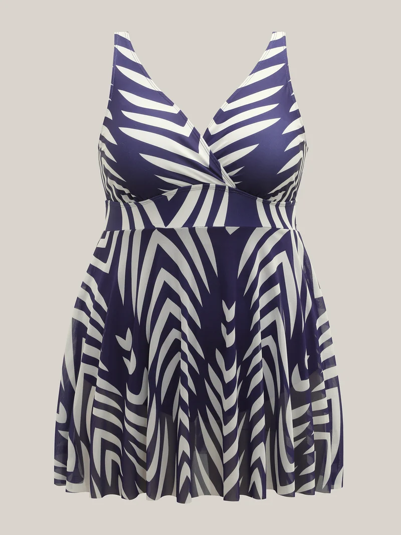 Geometric Print Mesh Surplice Swim Dress