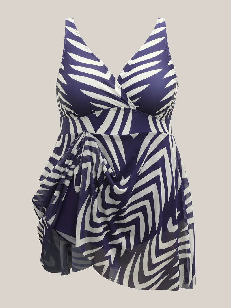 Geometric Print Mesh Surplice Swim Dress
