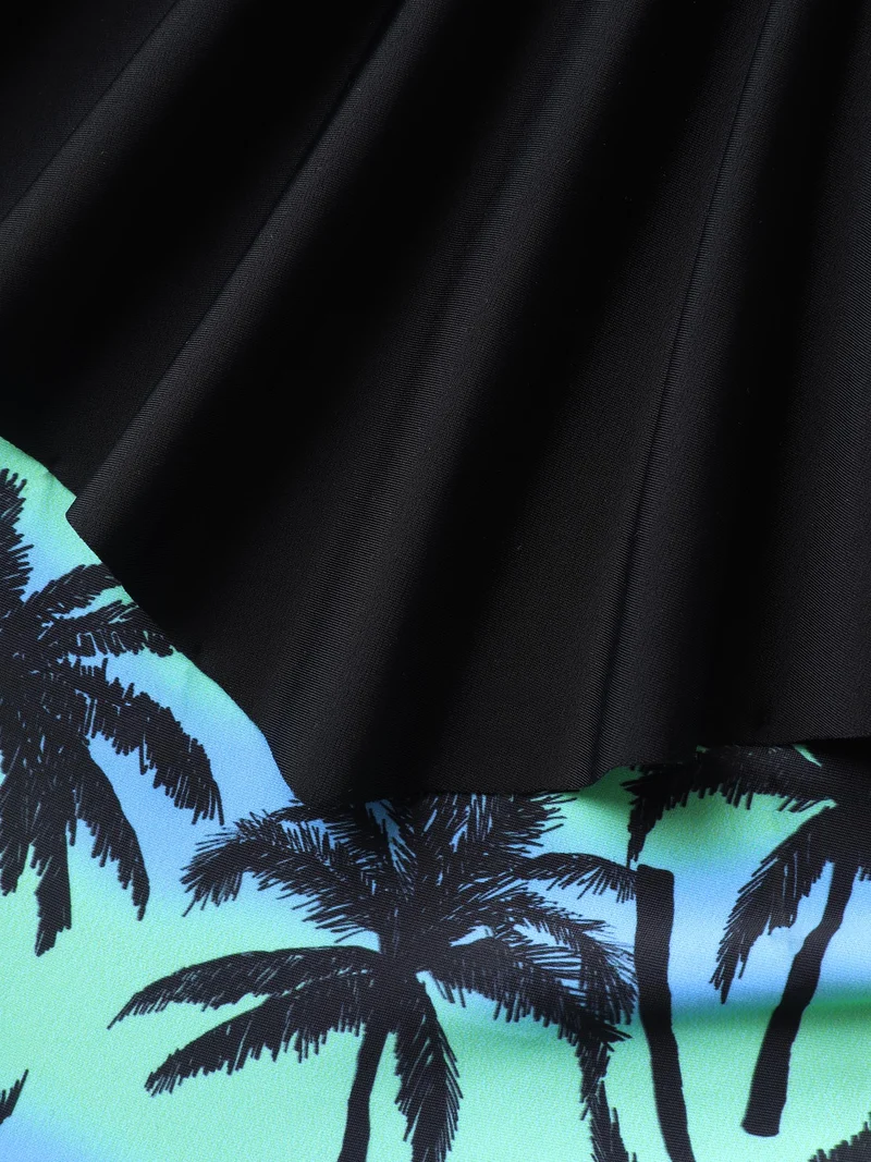 Plain Tropical Pattern Layered One-Piece Swimsuit