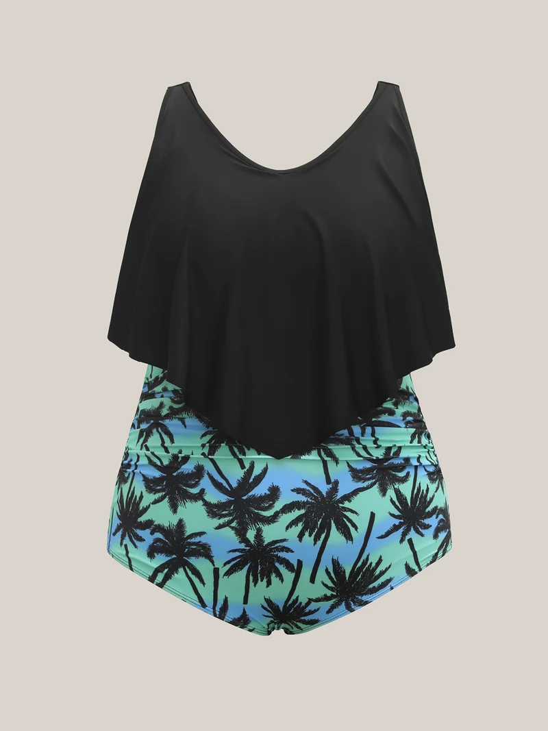 Plain Tropical Pattern Layered One-Piece Swimsuit