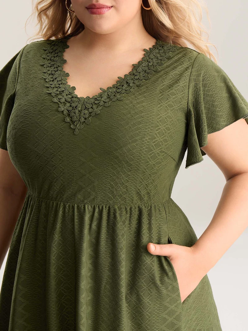 Textured Lace V-Neck Knit Midi Dress