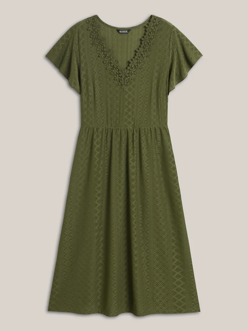 Textured Lace V-Neck Knit Midi Dress